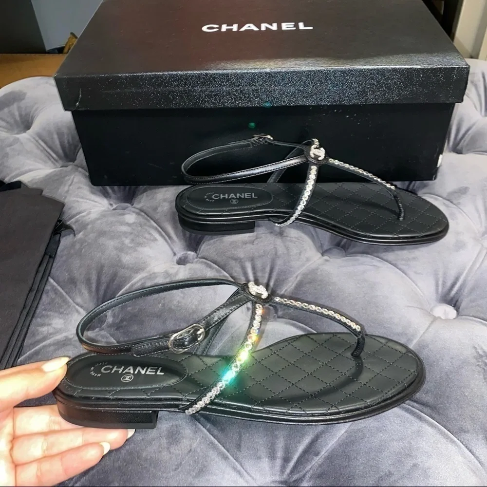New Size 35.5 Chanel Black Thong Sandals Rhinestones